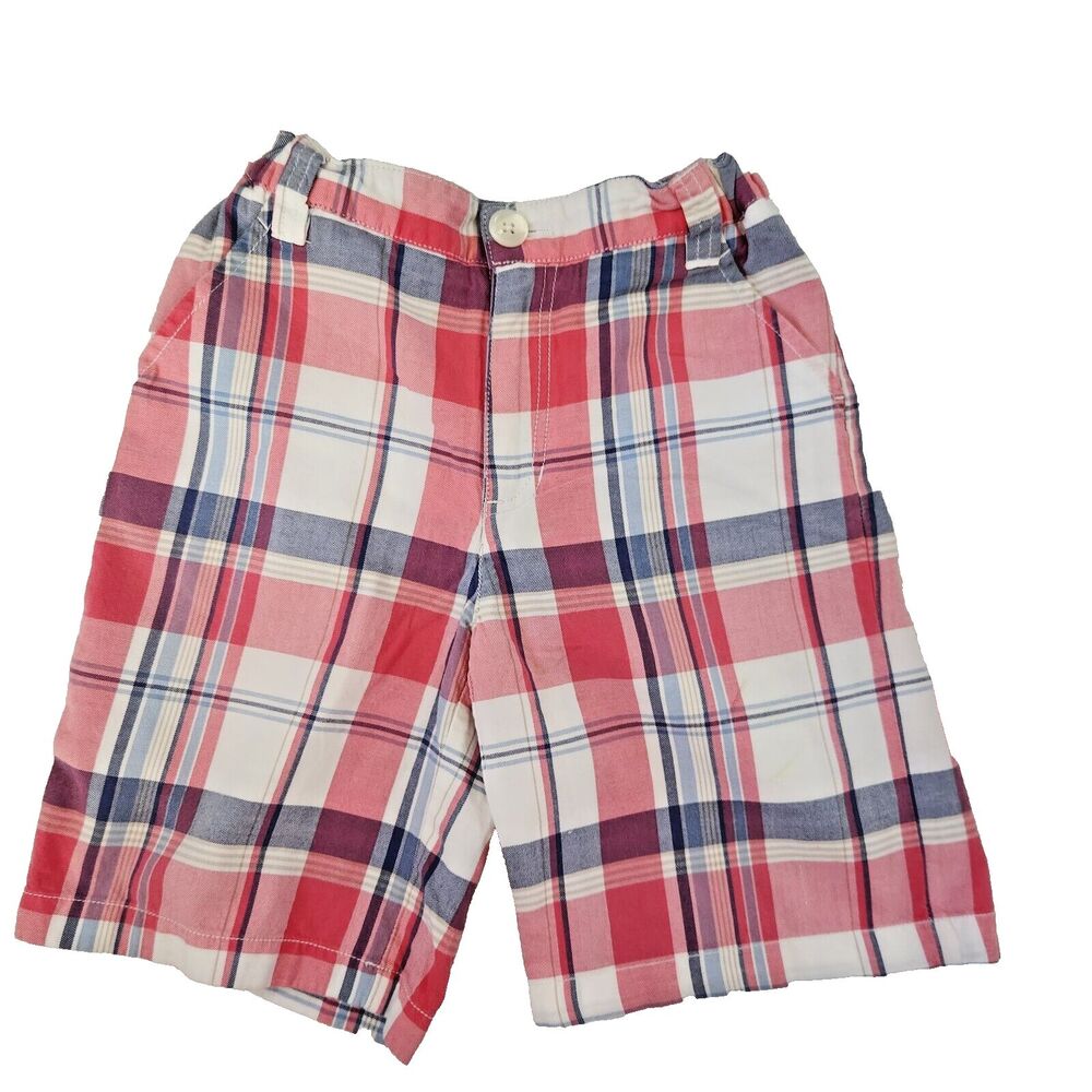 E-Land Red White Blue Kids Boys Plaid Shorts 100% Cotton Elastic Waist Size 6